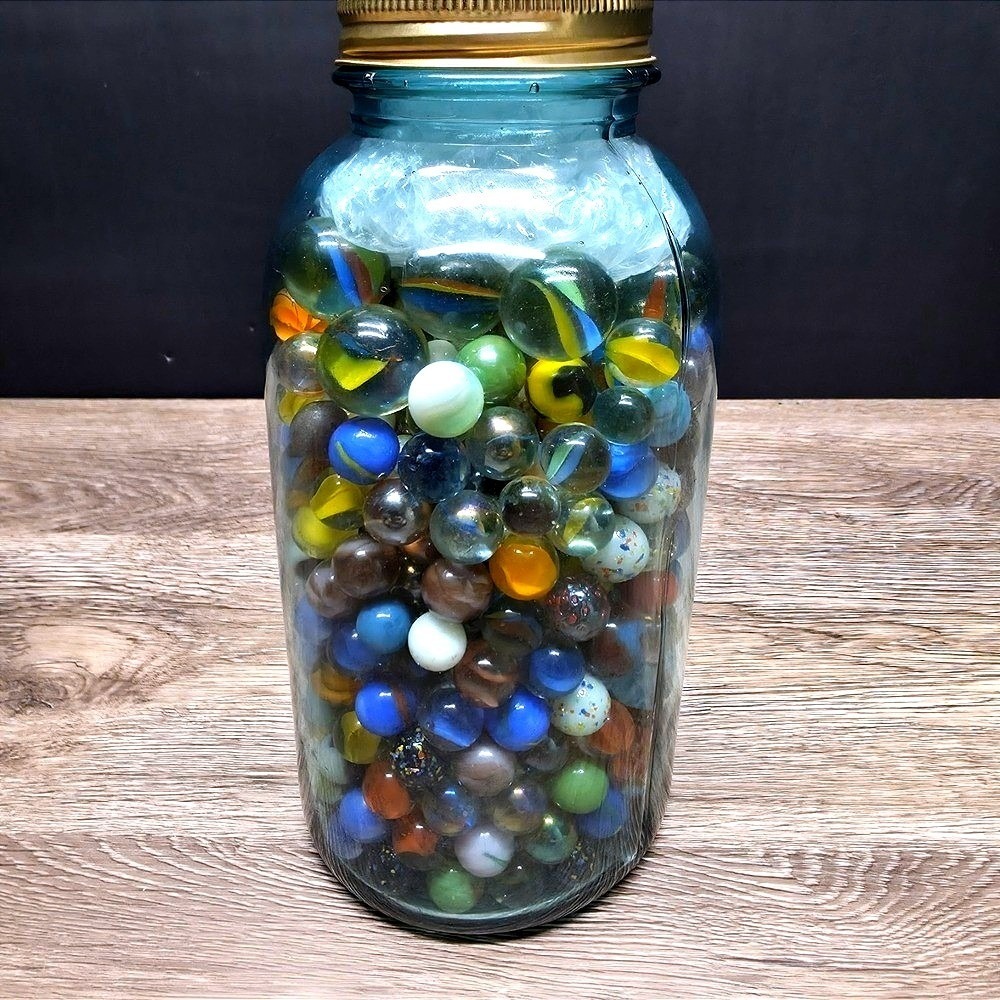 Vintage‎ Mixed Glass Marbles Collection in Blue Ball Perfect Mason Jar Lot